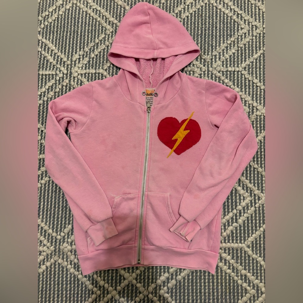 Aviator Nation girls Pink Hoodie with Red Heart and Yellow Lightning 10y